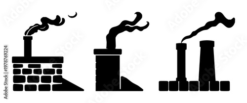 Chimney icon set with solid black line graphic on white background featuring chimney, icon, building architecture with line art and vector illustration