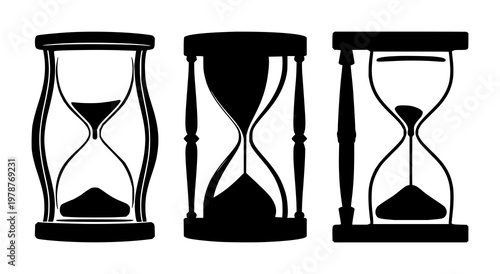 History hourglass icon set with solid black icon on white background featuring hourglass, time, history with black and white and iconography