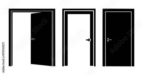 Exit strategy door set with solid black icon on white background featuring door, exit symbol, strategy theme with minimal silhouette and graphic mark