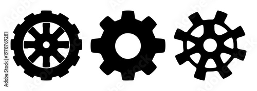Settings gear wheel icon set with solid black wheel on crisp white background featuring gear, settings, user interface with simple and minimalist vector design