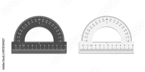 Measuring instrument. Half circle protractor. Markings for accurate geometry work. Vector illustration.
