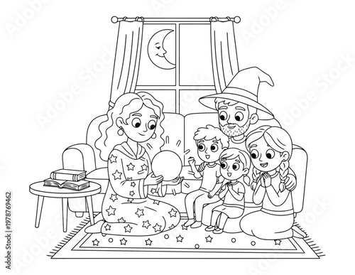 Fortune is told by this happy family as they gaze at a glowing crystal ball in this magical coloring page