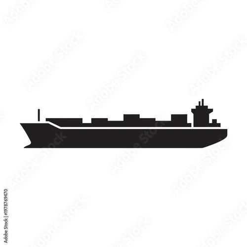 Container ship icon in black on white background, cargo vessel silhouette.