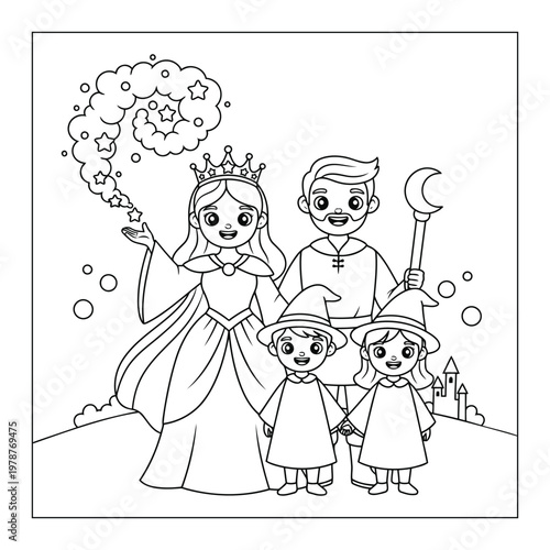 Wizardry is being practiced by this happy royal family standing before a castle in this fun coloring page