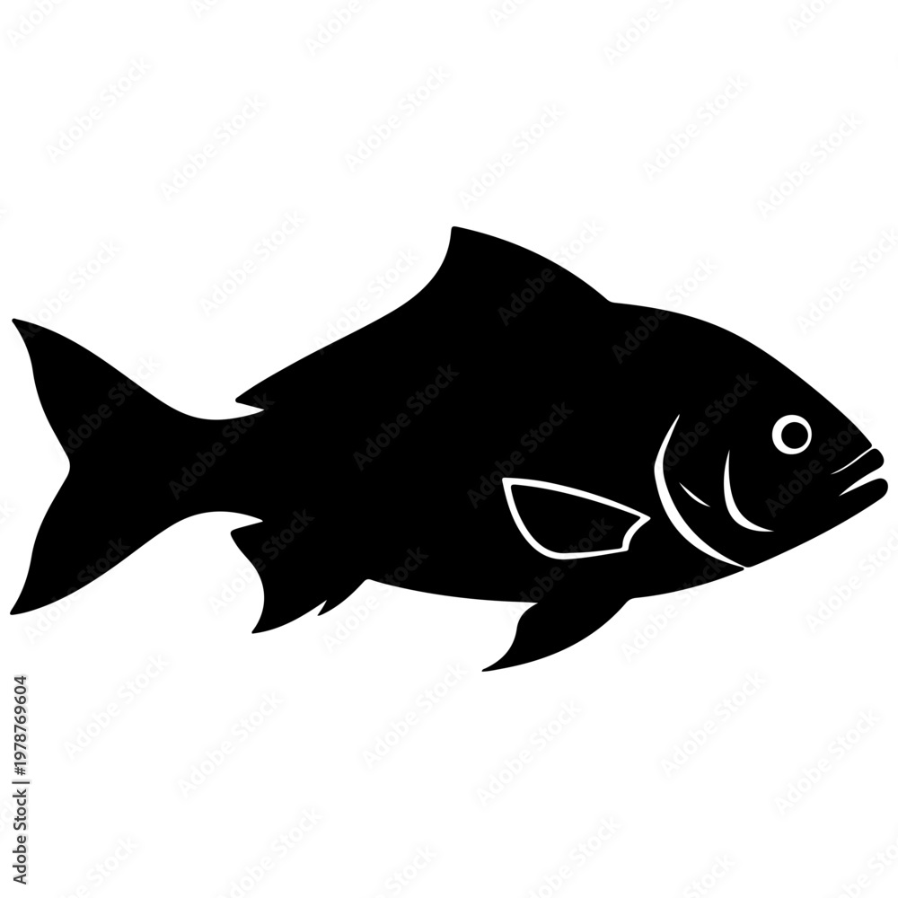 Obraz premium Black silhouette of a carp fish against a white background, flat design vector illustration