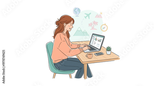 A woman works remotely on her laptop in a digital business lifestyle