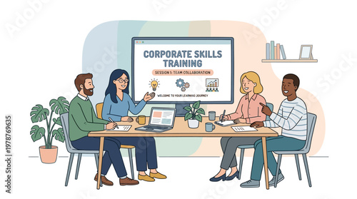 A group of diverse business people participating in a corporate skills workshop training session with a presentation on screen in a meeting room.