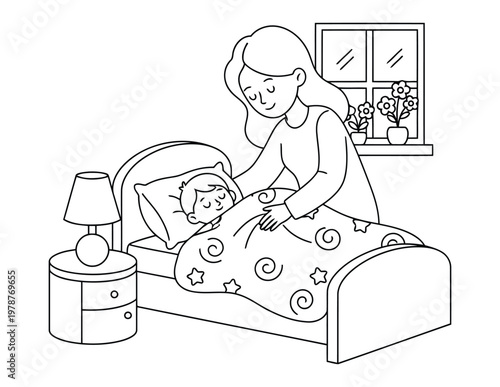 Mother tucking child into bed in cozy bedroom scene for relaxing coloring page