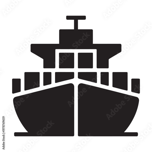 Front view of cargo ship icon in black on white background, container vessel.