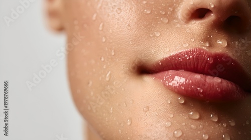 Close-up of youthful lips and healthy skin showcasing moisture, hydration, and natural beauty with soft, smooth, and fresh facial features