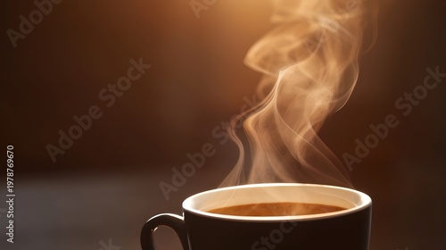Warm steaming coffee in a black mug with rising aroma and cozy atmosphere, perfect for morning relaxation, comfort, and caffeine boost in a modern setting