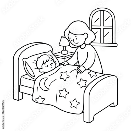 Mother tucking child into bed at night in cozy bedroom scene for coloring page