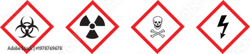 Set of four hazard warning symbols including biohazard radiation poison electrical danger with warning sign biohazard radiation crossbones electricity attention toxicity