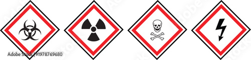 Set of four hazard warning symbols including biohazard radiation poison electrical danger with warning sign biohazard radiation crossbones electricity attention toxicity