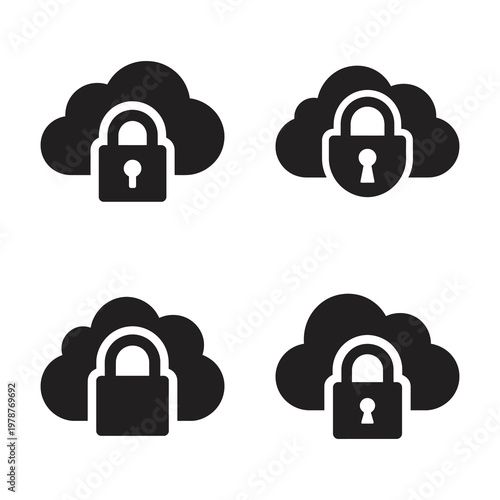 Set of cloud computing security icons, data protection, private cloud storage.