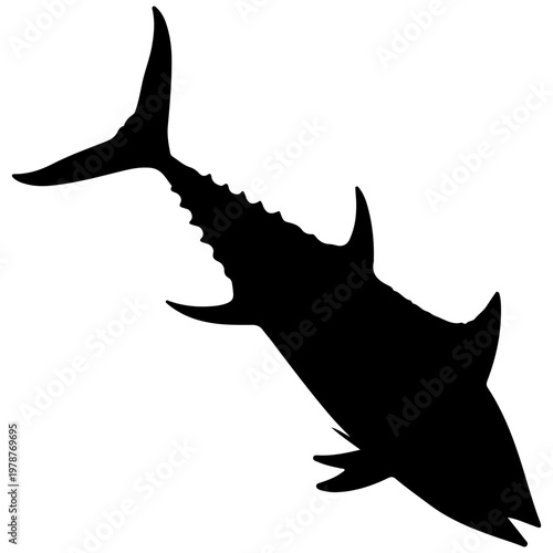 dramatic shark silhouette diving deep against minimalist sky background