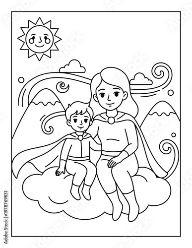 Mother and child as superheroes sitting on cloud in fantasy sky coloring page
