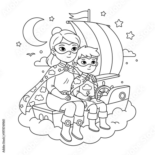 Superhero mother and child sailing boat in night sky fantasy scene coloring page