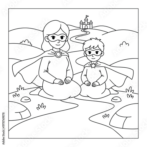 Superhero mother and child sitting on hill with castle landscape coloring page