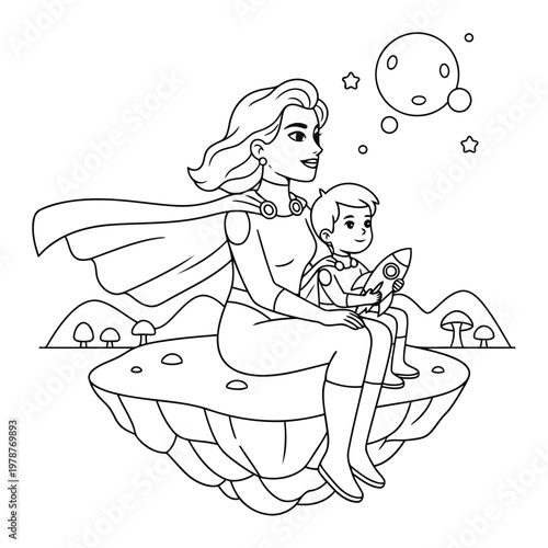Superhero mother and child flying with rocket in fantasy sky adventure coloring page