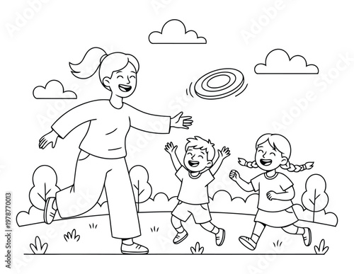 Kids playing frisbee with mother in park joyful outdoor activity coloring page