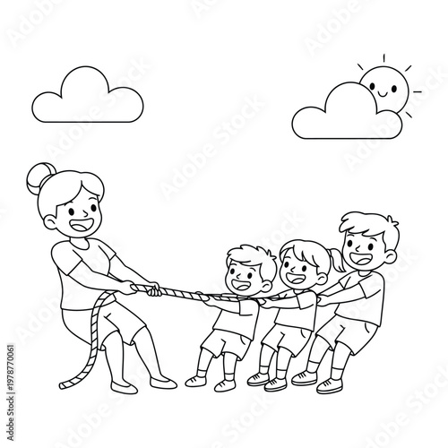 Kids playing tug of war with mother outdoor fun teamwork activity coloring page