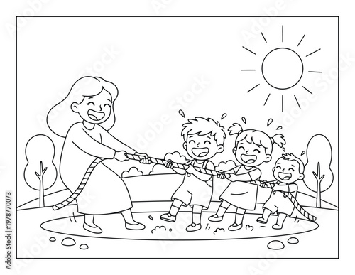 Kids playing tug of war with mother in sunny park fun family activity coloring page