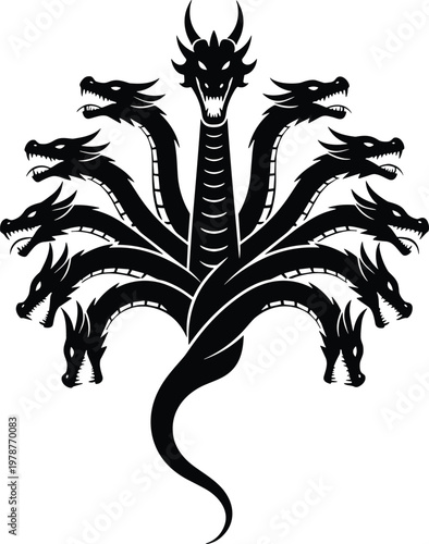 Hydra silhouette illustration, mythological creature artwork, dragon head design concept, fantasy beast symbol graphic, black white legendary representation