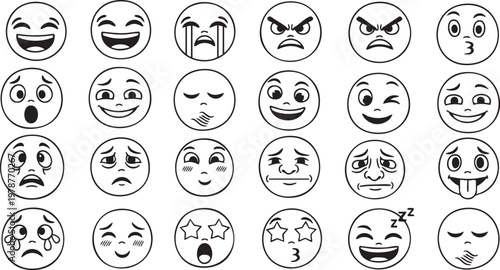 A diverse collection of black and white emoticons expressing various emotions and reactions
