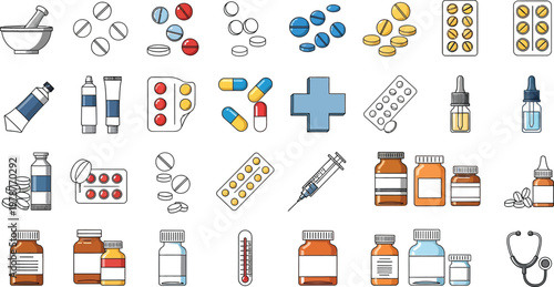 Pharmacy icons depict diverse medication types.
