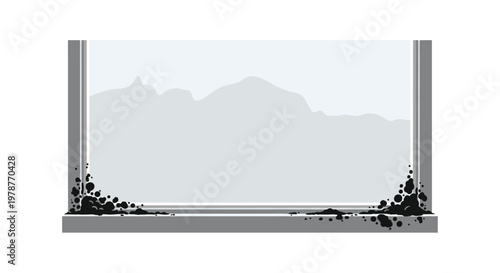 Dark black fungal mold colonies accumulate significantly in the corners and along the bottom edge of a damp window frame under dim natural indoor light.