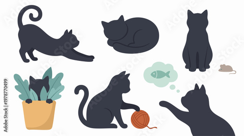 Collection of black cat silhouettes in different poses and activities