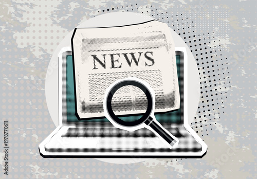 Trendy Halftone Collage Fake news concept. Spreading false information on website. Social media propaganda or disinformation. Hand holding magnifier glass. Contemporary vector illustration art
