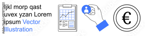 Data analysis, user identification, finance, business planning, statistics, economy. Graph on clipboard, hand holding user icon Euro symbol. Data analysis and user identification concept