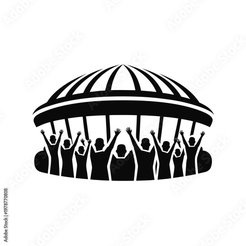 Black silhouette crowd icons, people celebrating, dome background, vector graphics
