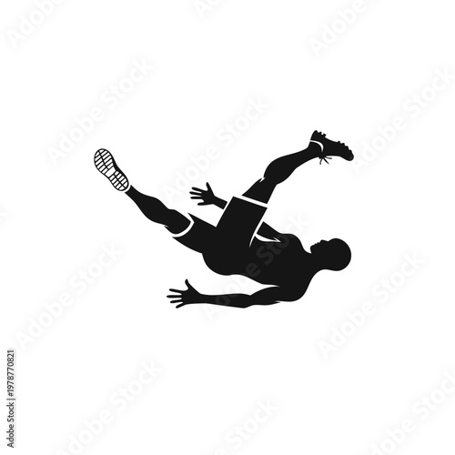 Dynamic sports illustration, athletic silhouette, falling male figure, black vector icon
