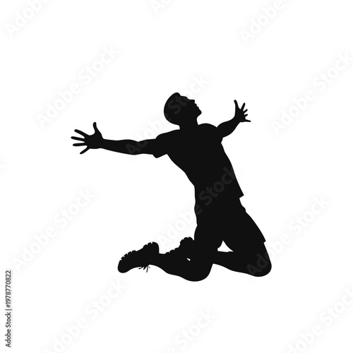 Silhouette of a man jumping, black silhouette, joyful man, dynamic pose, white background