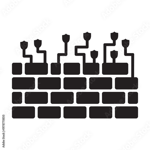 Digital firewall security concept with network connections and shield icons.