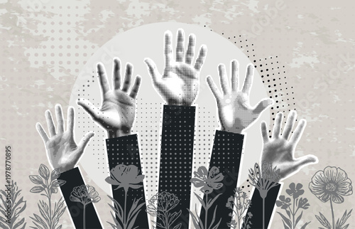 Trendy Halftone Collage with raised hands. Volunteering concept. Paper design elements