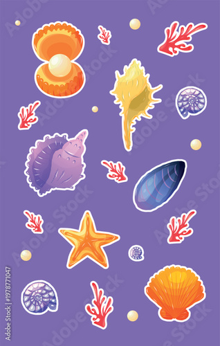 Sea Shells Sticker Pack with Pearl Corals and Starfish on Purple