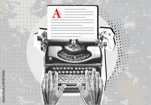 Trendy Halftone Collage. Vintage typewriter with crumpled papers on desk , in dotted texture vintage pop. Typewriter printing vintage news.