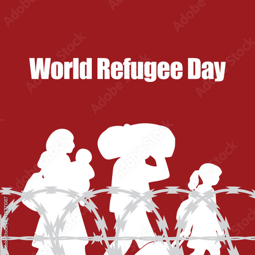 World Refugee Day conceptual vector illustration, displaced family silhouette behind barbed wire, humanitarian crisis and migration awareness poster