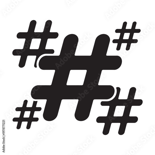 Group of hashtag symbols scattered and arranged in a pattern.