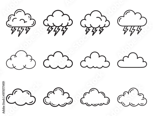 Cloud and lightning bolt weather icons set in linear stroke drawing.