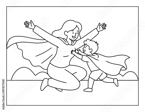 Superhero mother and child hugging with joy in playful outdoor imagination scene coloring page