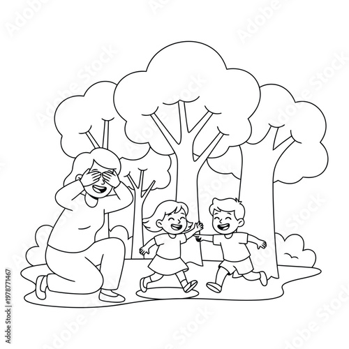 Hide and seek game played by a mother with her children in the forest in a children coloring page