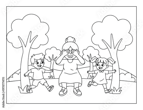  Children play hide and seek with their mother in a sunny forest for an educational coloring page