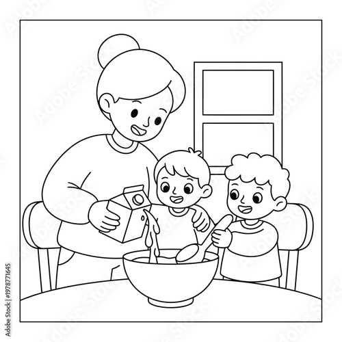  Cooking activity showing a mother and two young sons preparing a meal for a fun kitchen coloring page