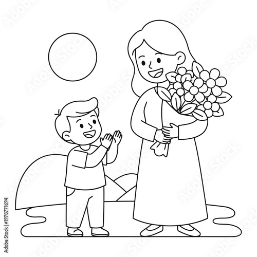 Mother holding bouquet of flowers while child claps happily in outdoor sunny scene coloring page