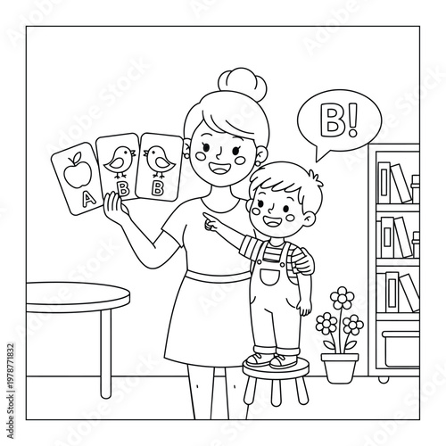 Alphabet learning with mother and child using flashcards fun home education coloring page